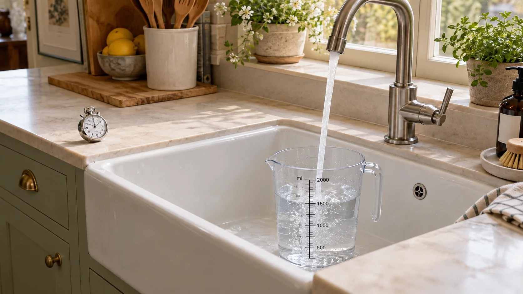 A measuring jug collecting cold water from a kitchen tap during a flow-rate check.
