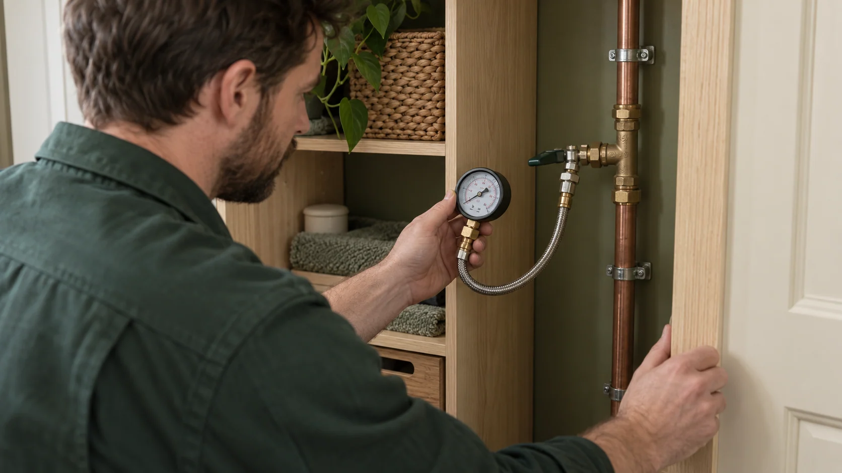 A plumber checking a water-pressure gauge connected to a cold-water test point.
