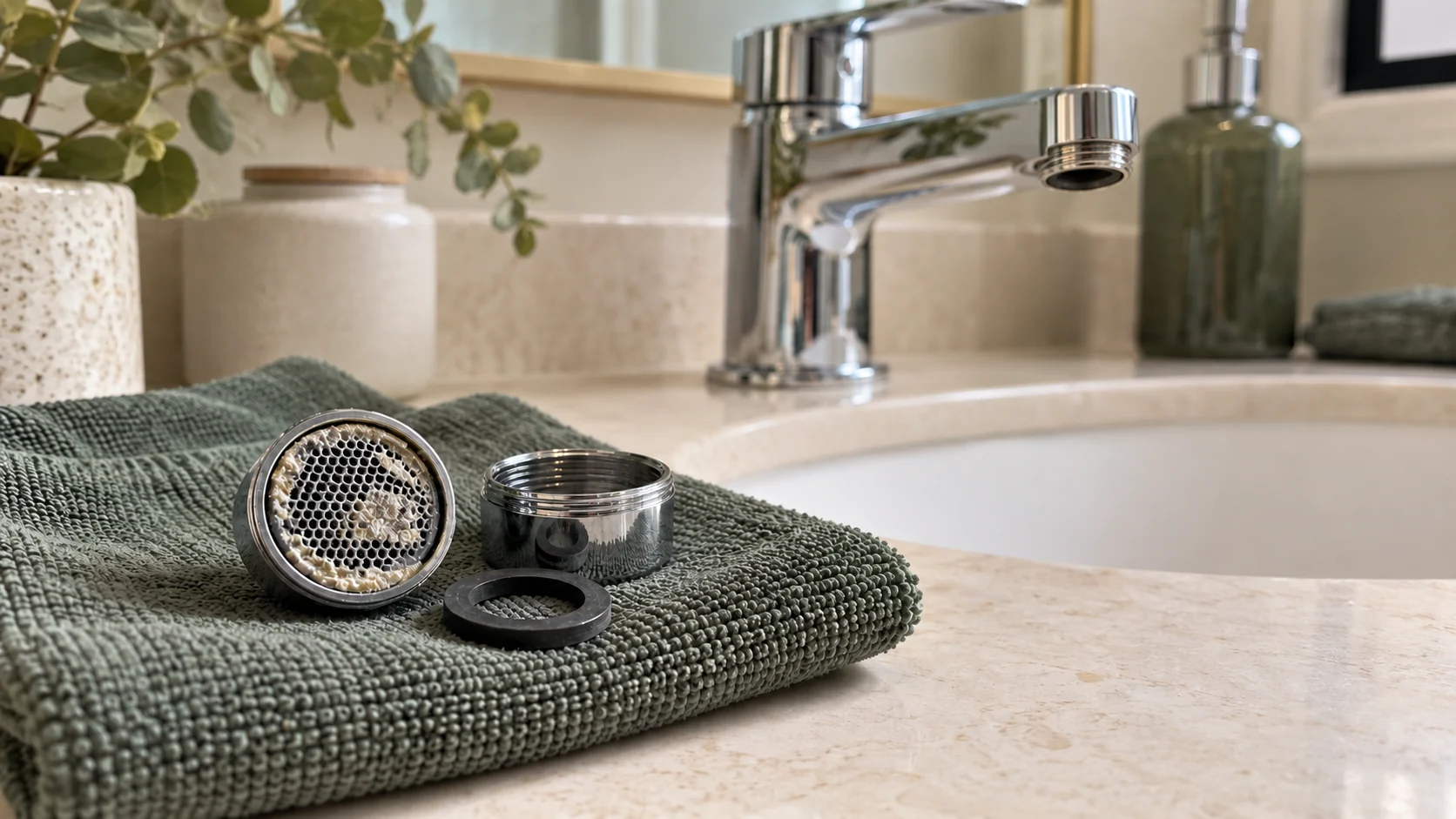 A removed tap aerator with visible limescale deposits on its mesh beside a basin tap.