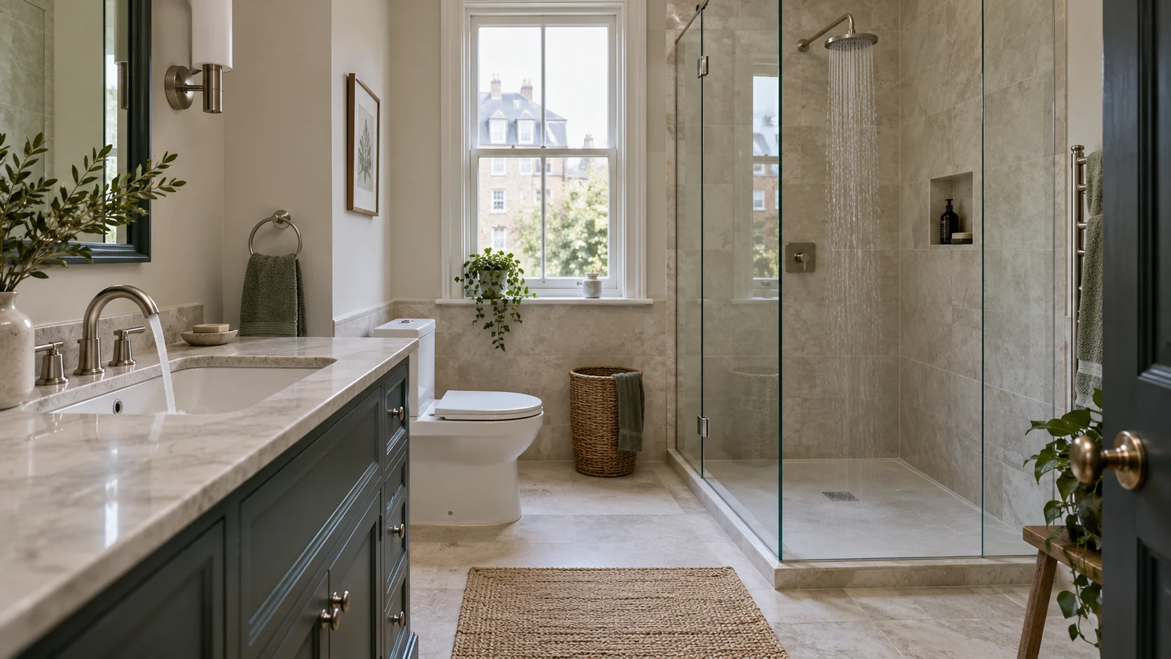 A basin tap and shower running at the same time in a London bathroom.
