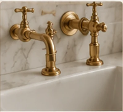 Traditional brass bridge mixer tap on a marble sink.
