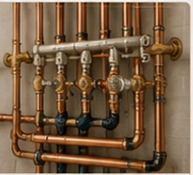 Copper and brass pipework with a manifold and isolation valves.