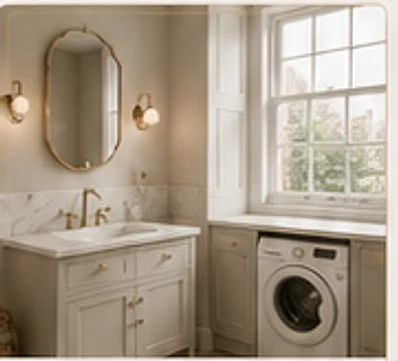 Light-filled bathroom and utility space with vanity unit and washing machine.