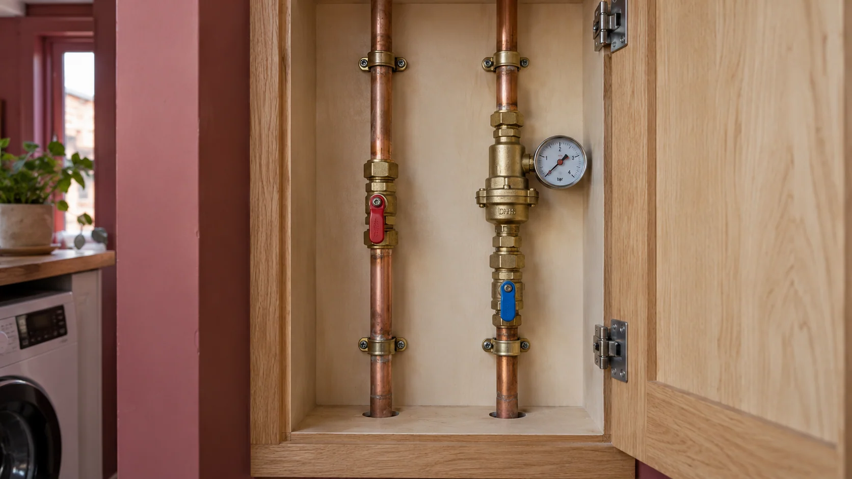 Accessible isolation valves and a pressure gauge inside an open timber service cupboard
