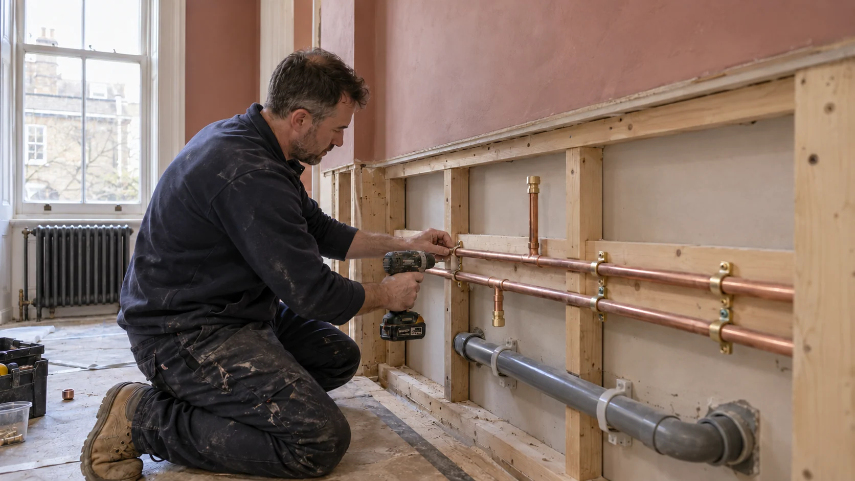 Plumber securing copper supply pipes in an open bathroom service wall
