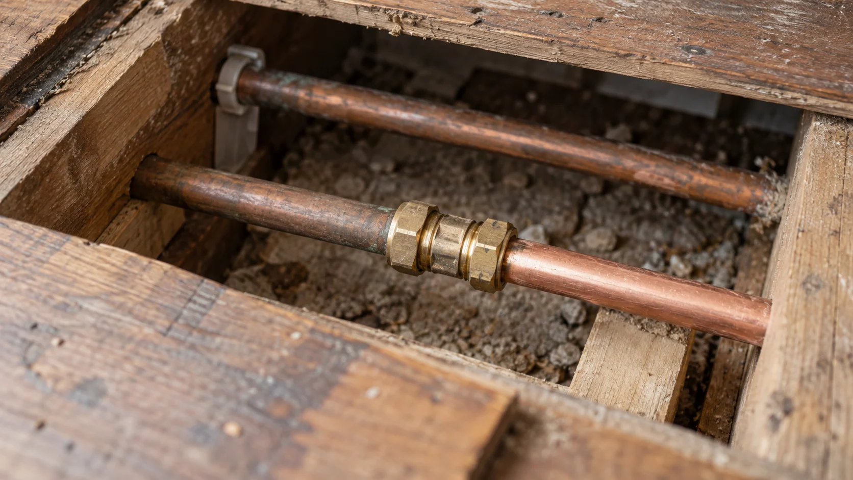 Brass compression coupling joining older and new copper pipework beneath lifted floorboards