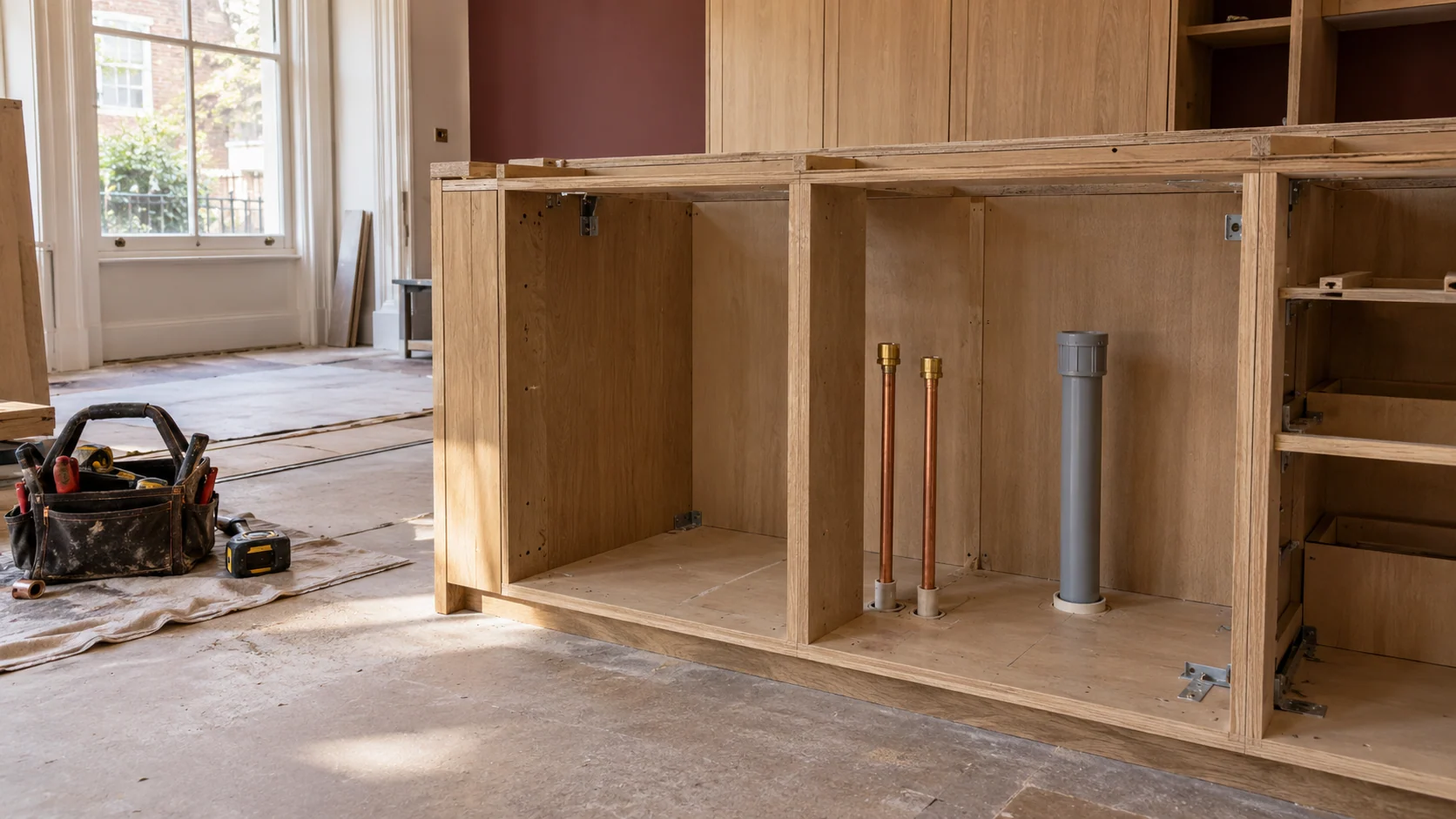 Capped copper water supplies and a waste connection inside an unfinished kitchen island
