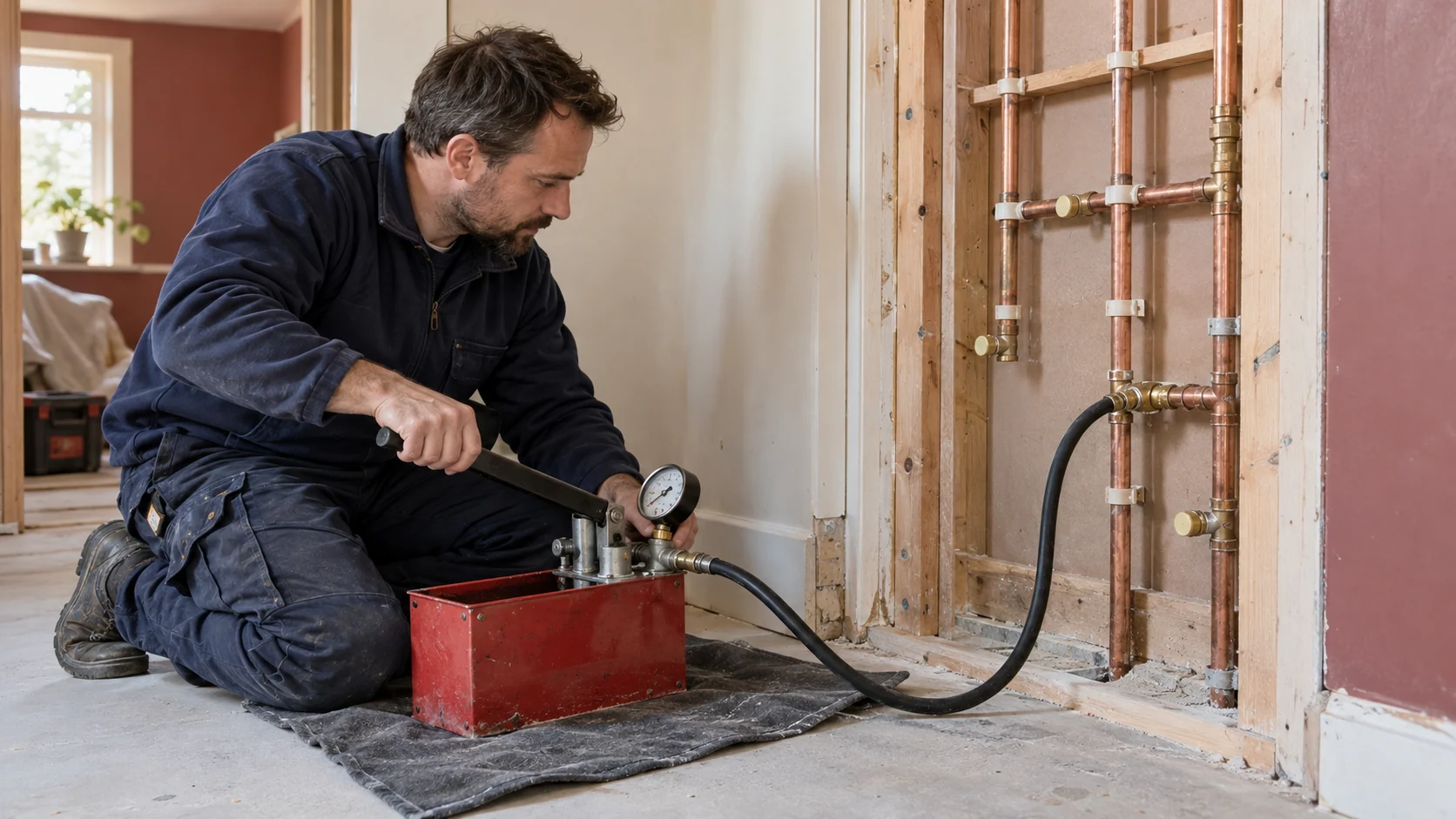 Plumber using a manual hydraulic test pump connected to exposed copper pipework