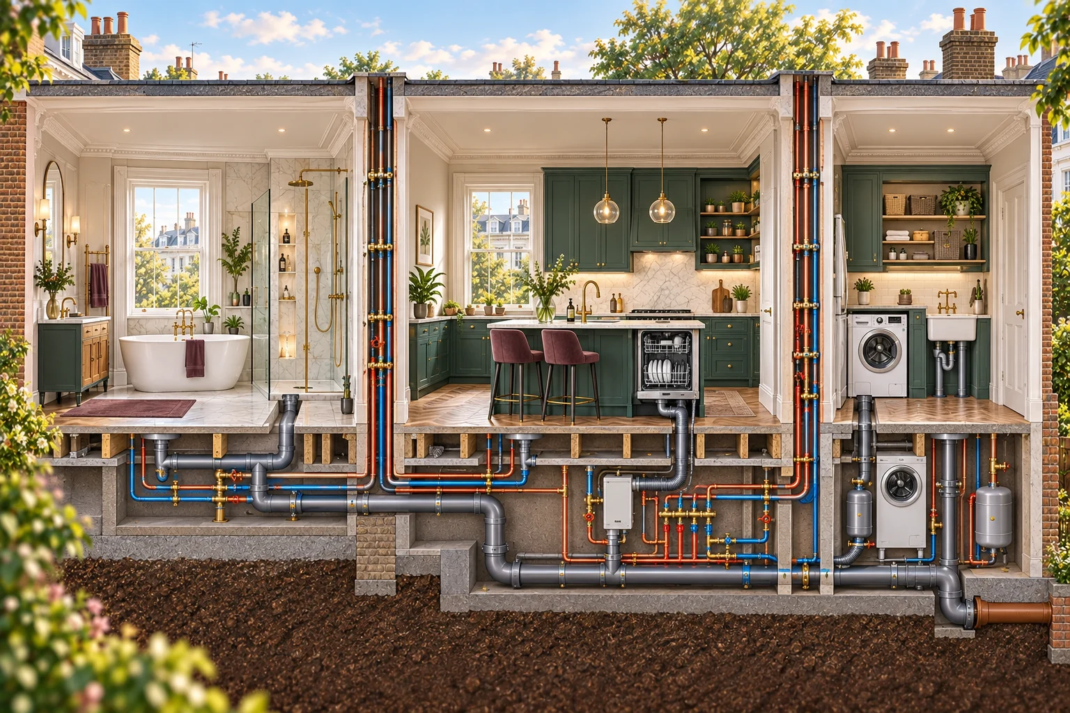 Colour illustration of coordinated bathroom, kitchen and utility plumbing in a Chelsea refurbishment.
