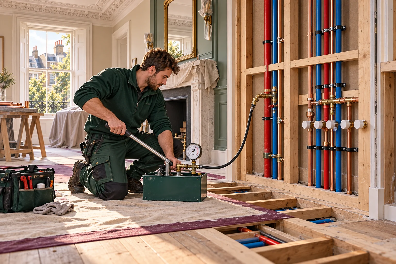 Male plumber pressure testing a Chelsea first-fix plumbing installation before wall closure.