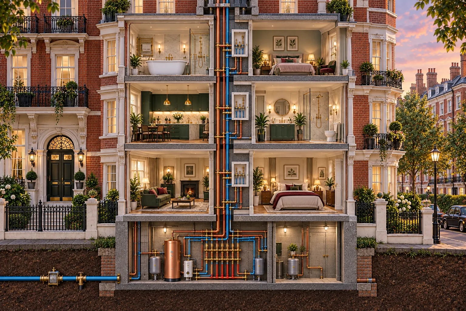 Chelsea SW3 mansion block cutaway showing shared plumbing risers and apartment service connections.