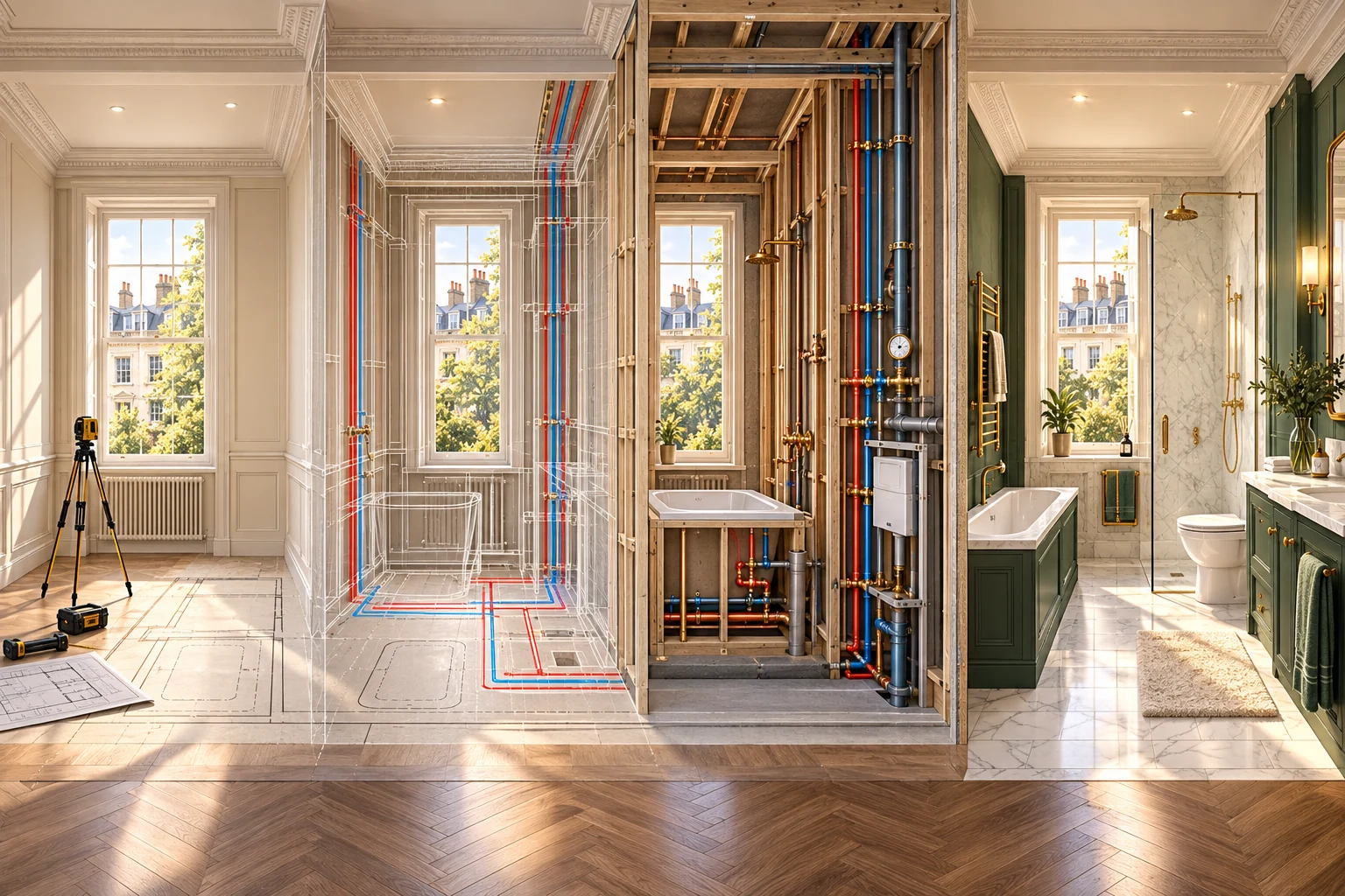 Five-stage Chelsea plumbing project from survey and first fix to testing and handover.
