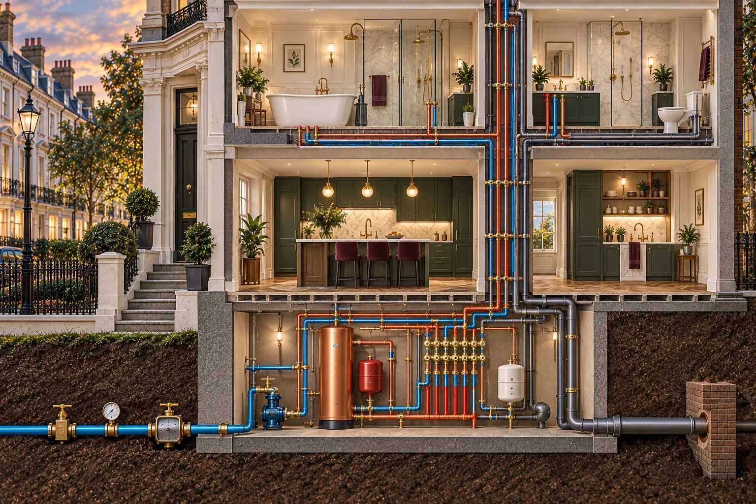 Chelsea home plumbing illustration showing incoming water, pressure, flow and hot-water distribution.