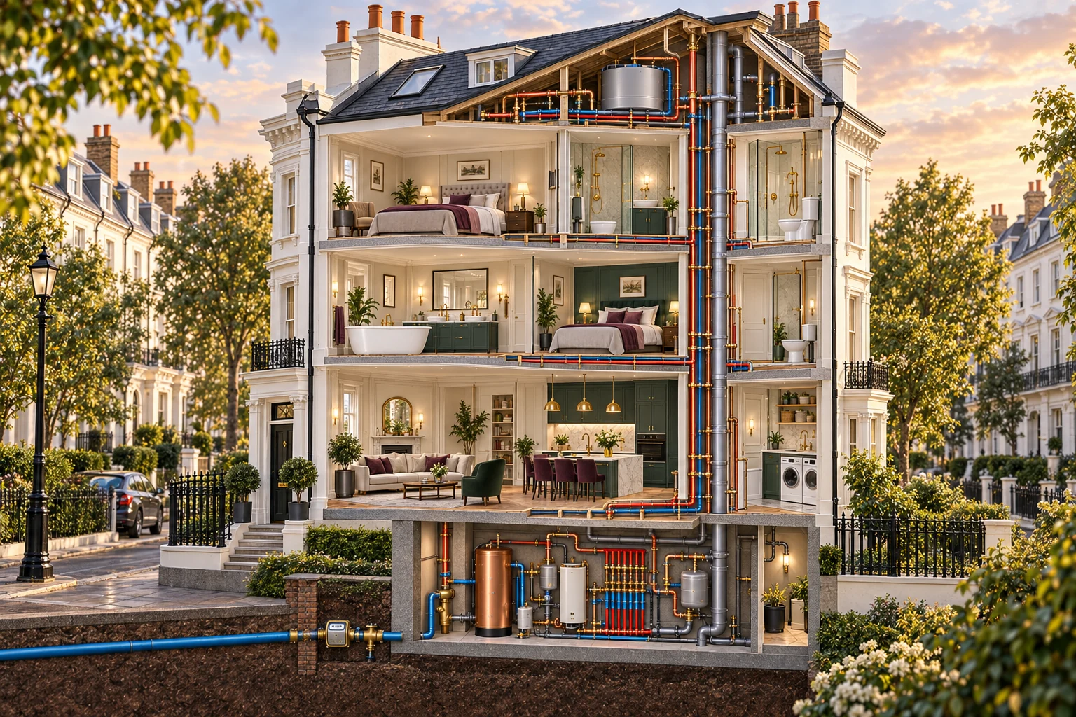 Architectural cutaway showing whole-home plumbing installation in a Chelsea townhouse across SW3 and SW10.