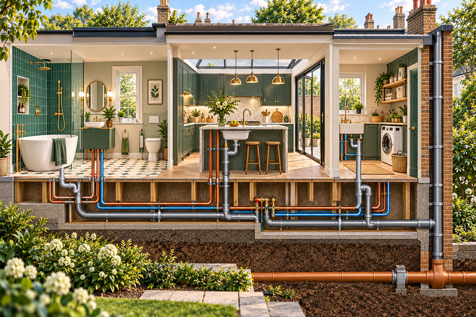 Cutaway illustration of bathroom, kitchen and utility plumbing installed in a Chiswick home.
