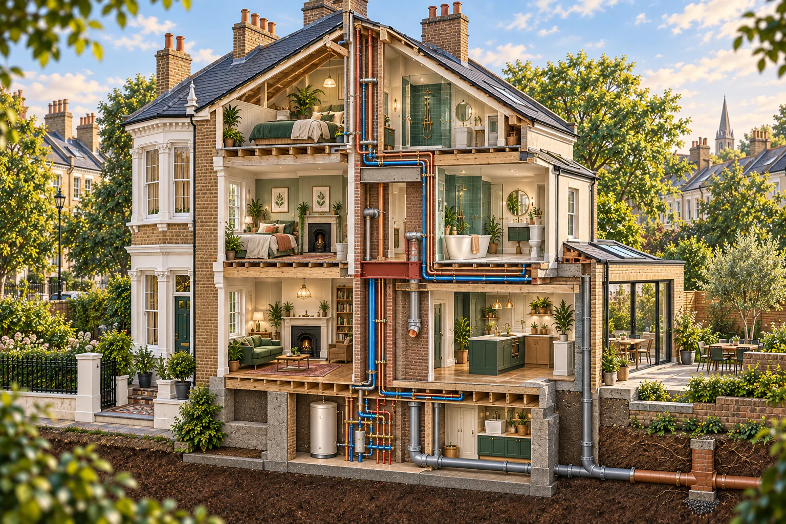 Chiswick period house cutaway showing plumbing routes around retained structure, loft conversion and rear extension.