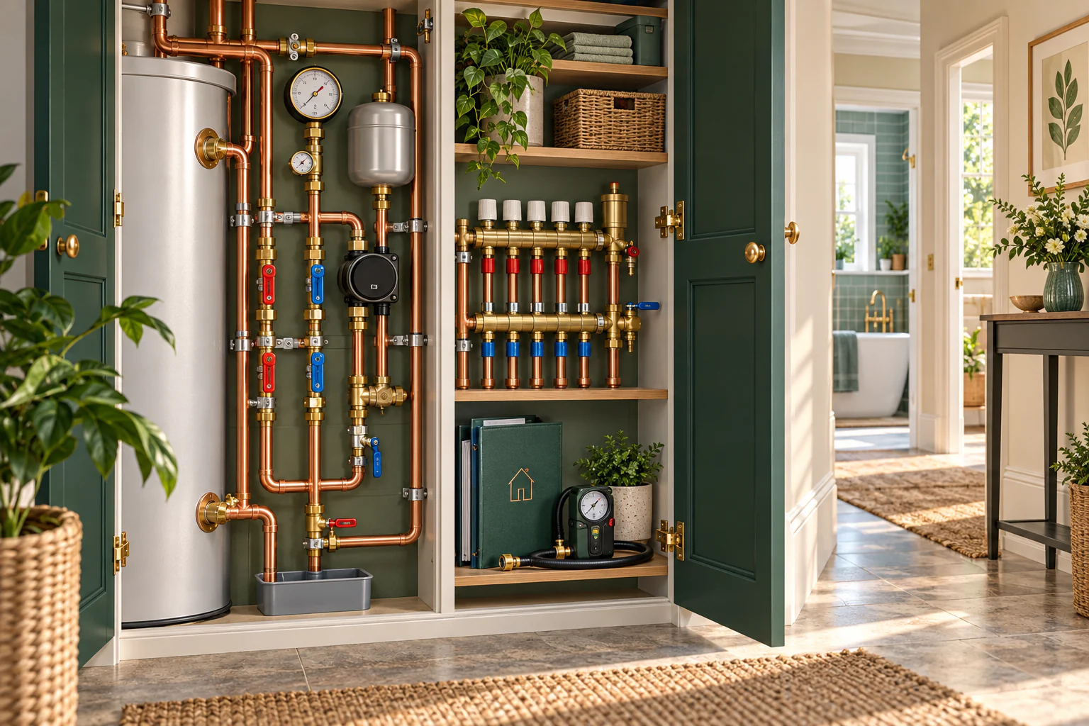 Accessible Chiswick plumbing service cupboard with isolation valves, manifold and testing equipment.