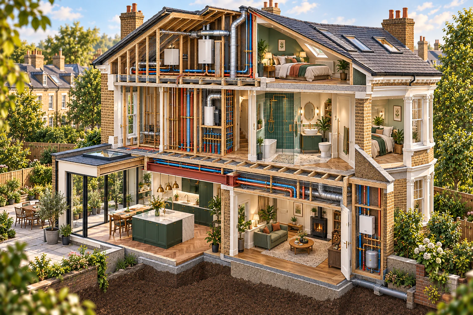 Architectural cutaway showing coordinated plumbing and building-service routes during a Chiswick refurbishment.