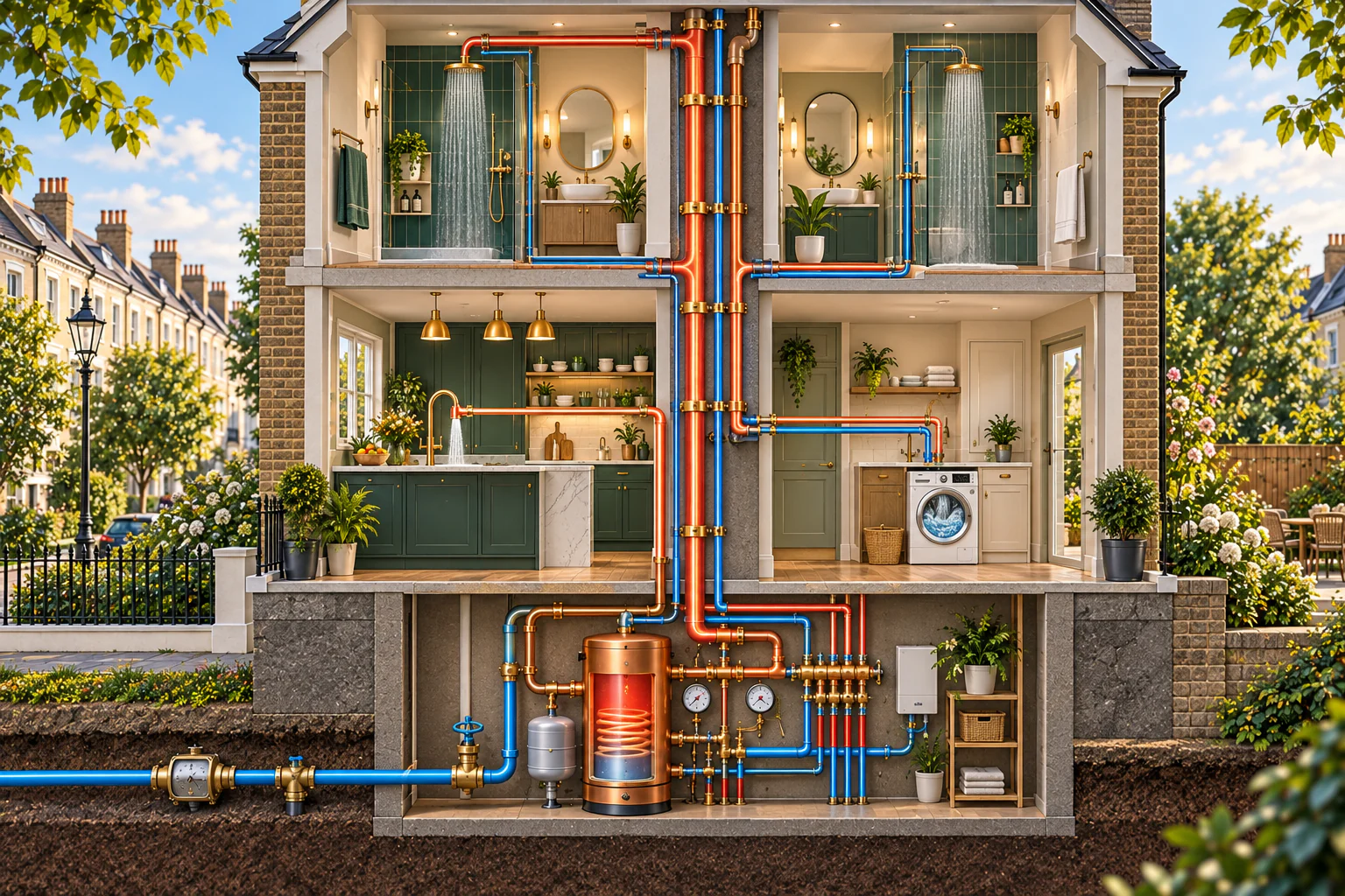 Chiswick house cutaway illustrating water flow to simultaneous showers, kitchen and utility outlets.