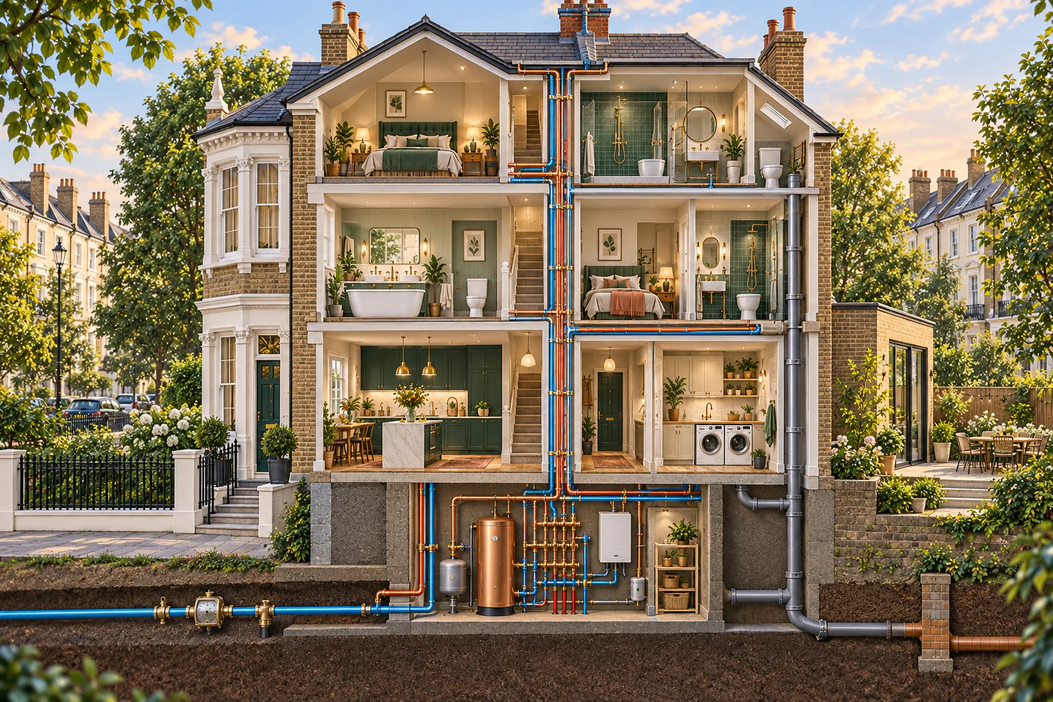 Architectural cutaway of a Chiswick W4 house showing whole-home hot and cold water distribution.