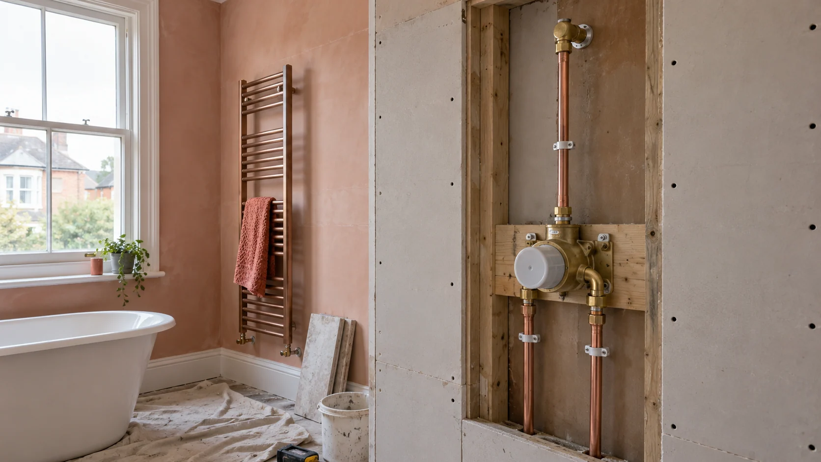 Exposed copper supplies and a concealed shower valve secured within an open bathroom wall.