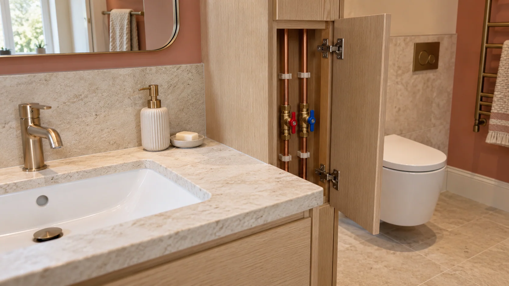 Discreet open service panel providing access to bathroom water isolation valves beside a finished vanity.