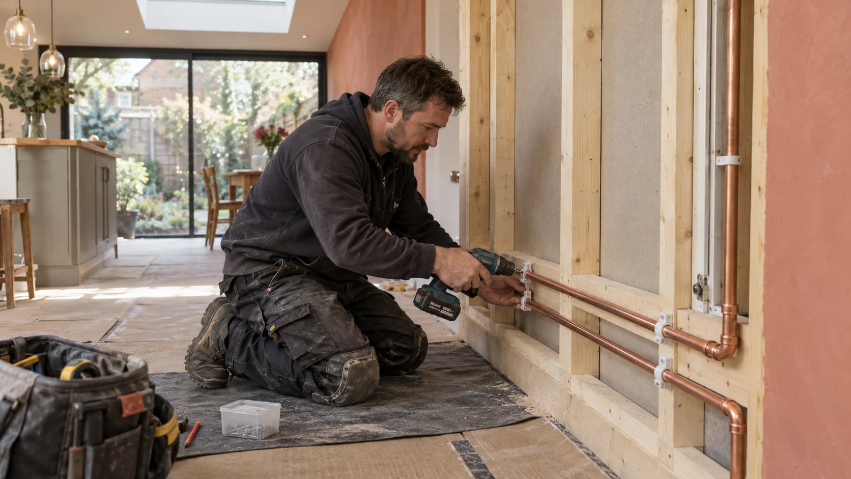 Plumber securing new copper water pipes within an accessible service zone during a home extension.