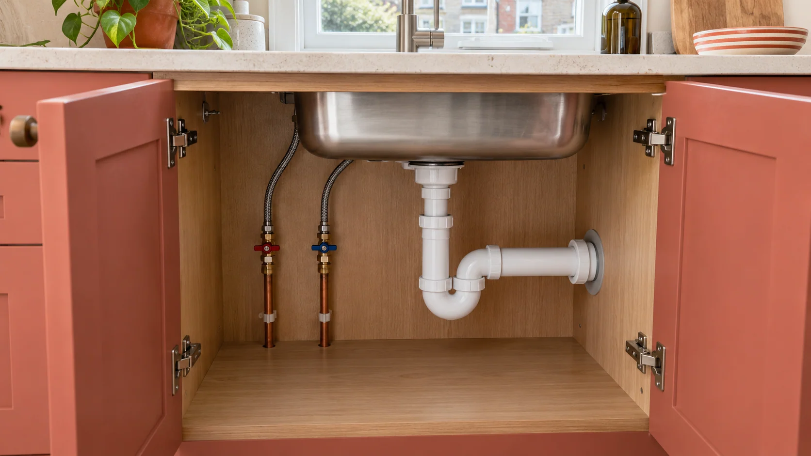 Open kitchen sink cabinet showing a connected waste trap and accessible hot and cold isolation valves.