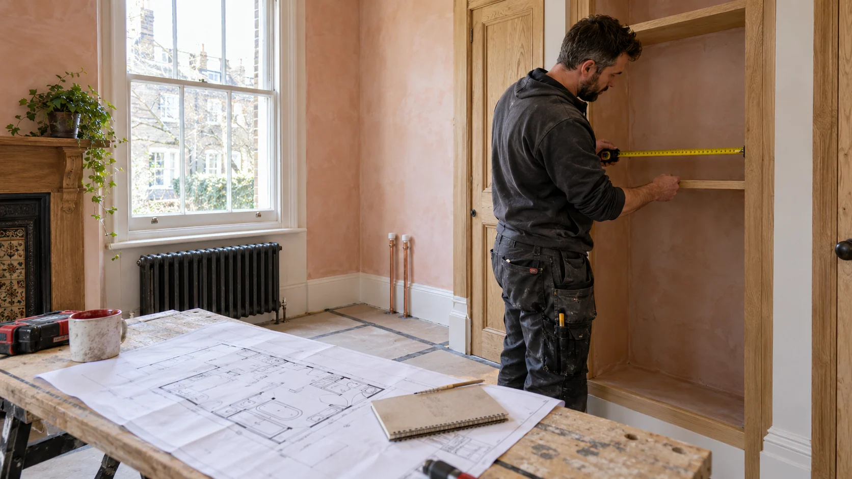 Plumber measuring a proposed service route beside a sash window in a period home under refurbishment.