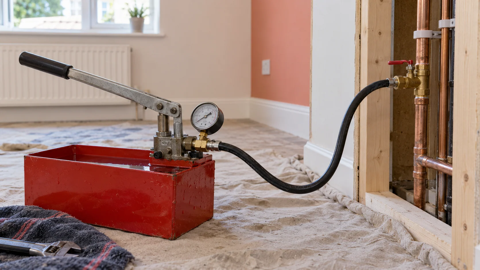 Manual hydraulic pressure-test pump connected to an isolated copper water pipe installation before enclosure.