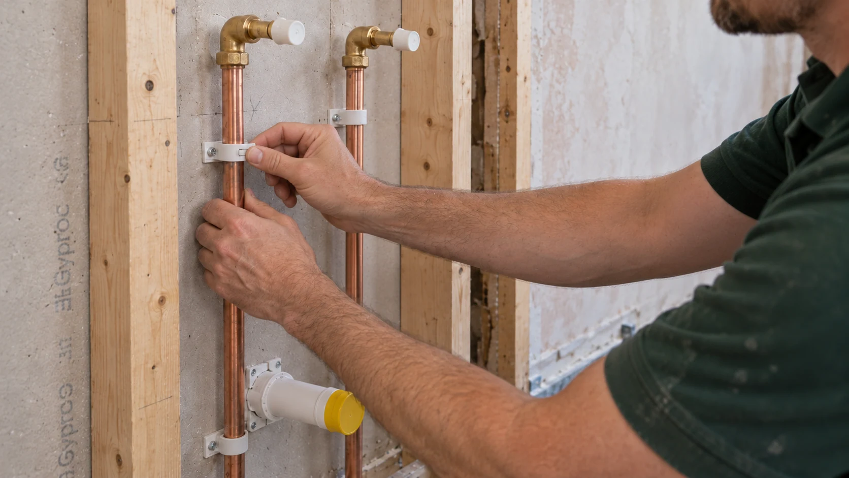 Plumber securing a hinged pipe clip around new copper pipework in an open service wall.