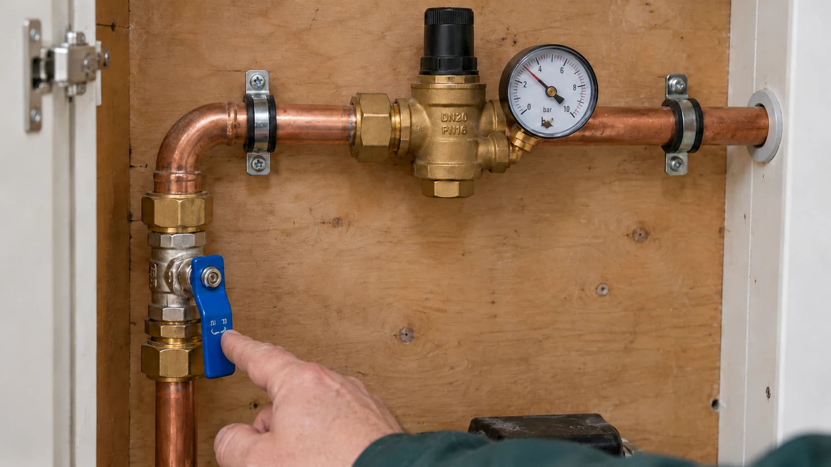 Accessible copper incoming-water pipework with an isolation valve, pressure-reducing valve and gauge inside a service cupboard.