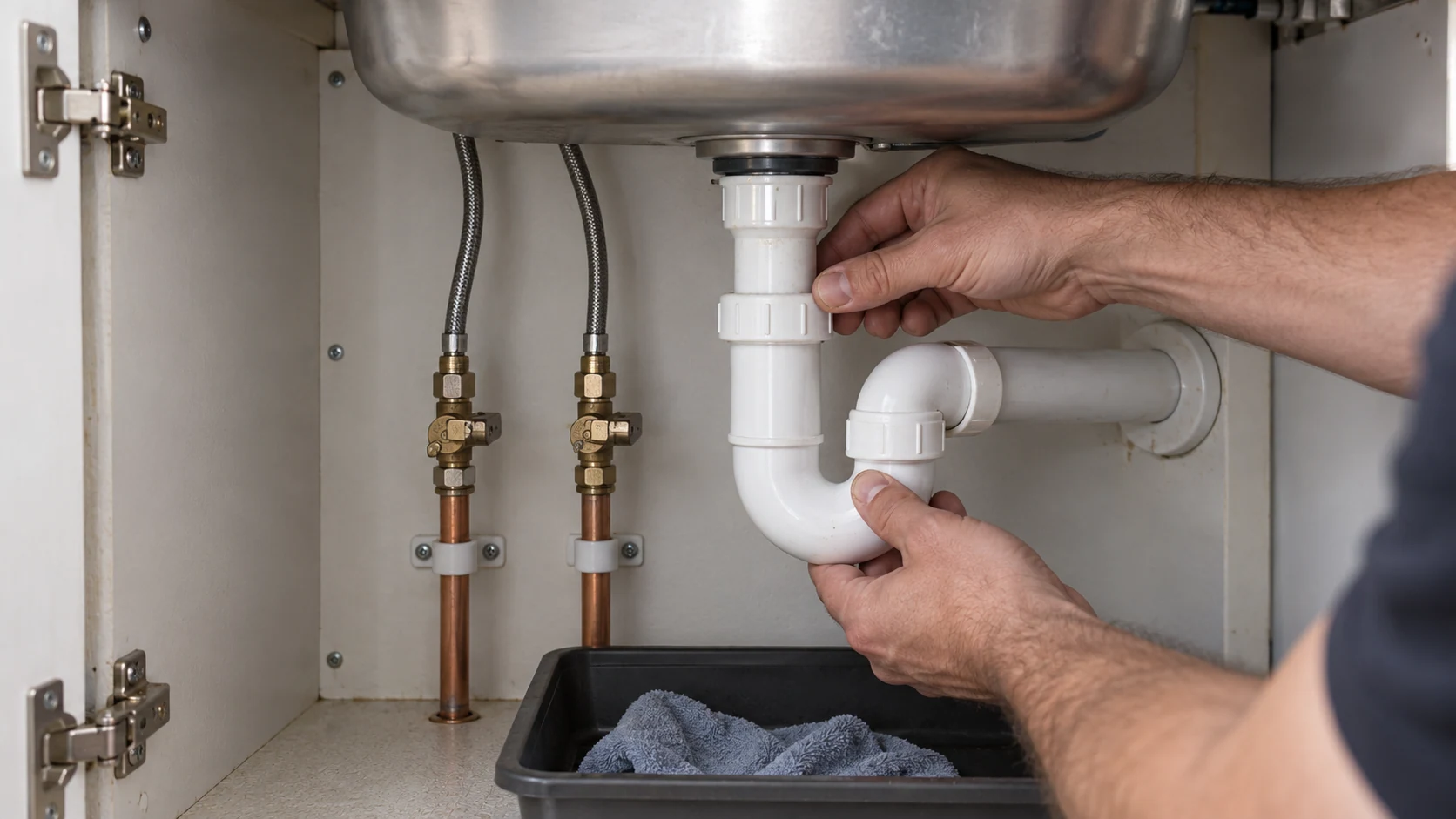 Close view of a kitchen sink waste trap and separate hot and cold supply connections being checked by a plumber.