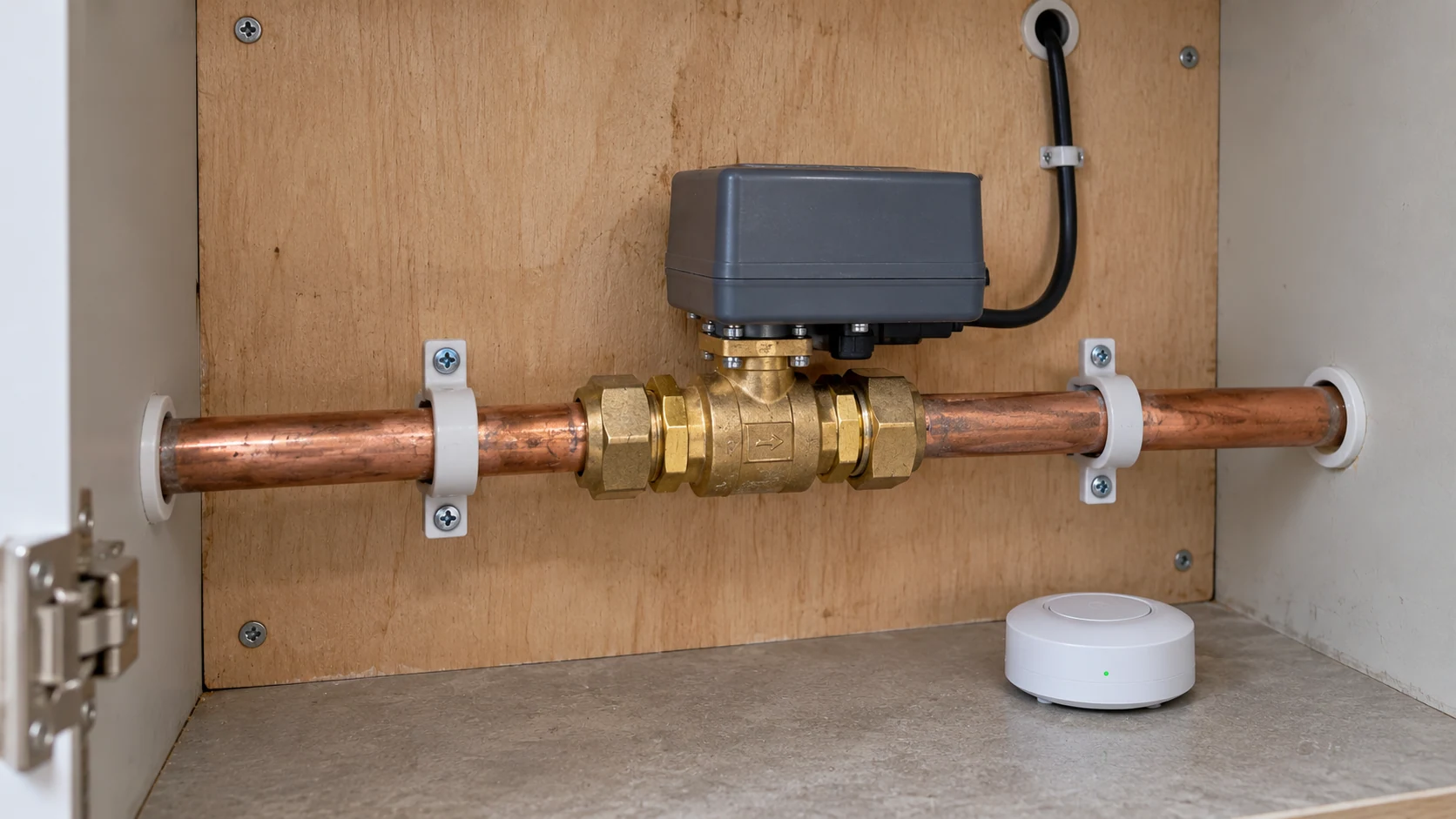 Motorised water shut-off valve connected to copper pipework with a separate leak sensor on the service-cupboard floor.