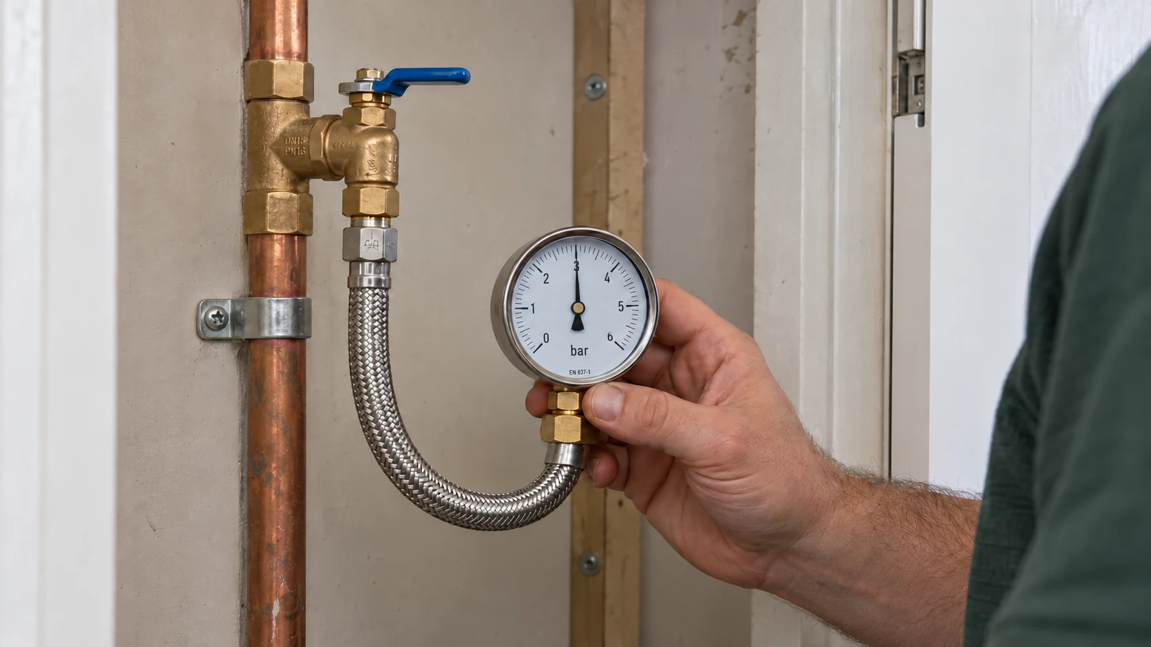 Water-pressure test gauge connected by a short braided hose to a domestic service valve, held for inspection by a plumber.