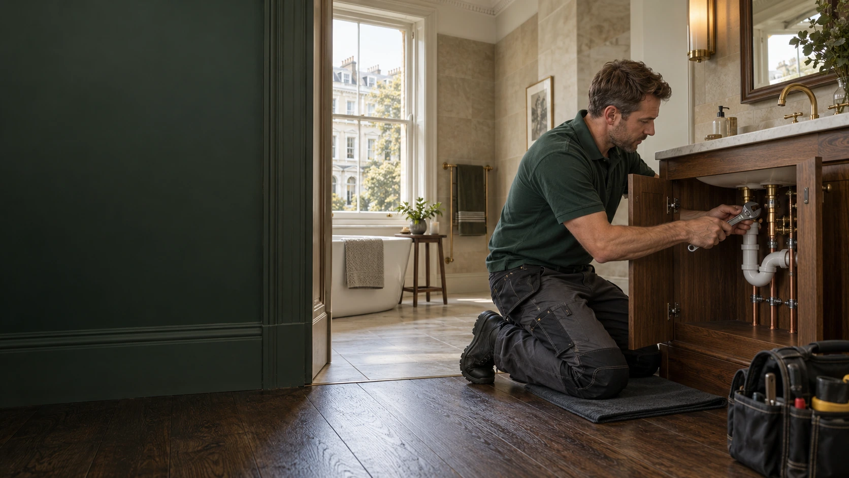 Plumber working on basin connections in a period bathroom overlooking London terraces.