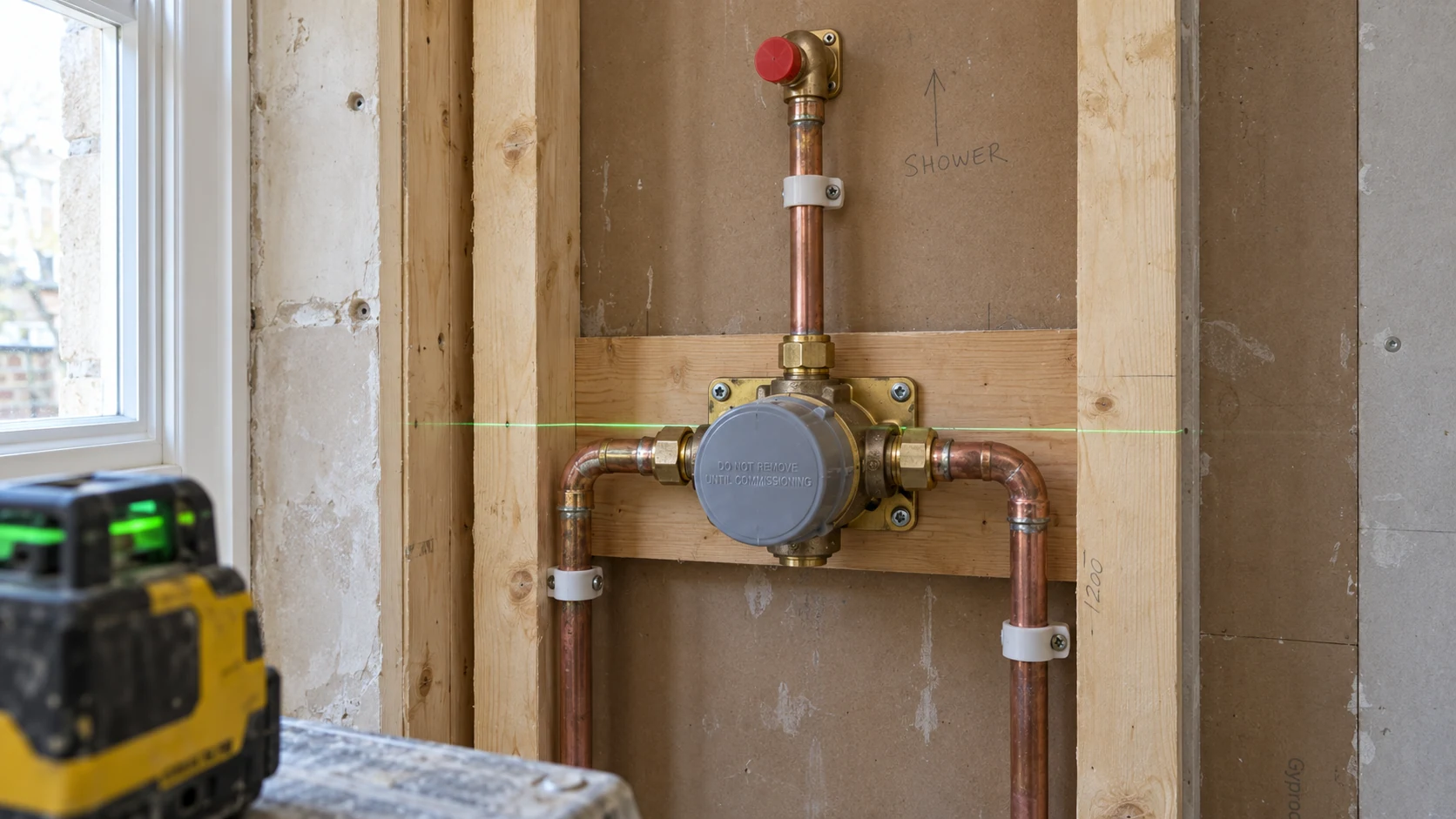 Concealed shower mixer body with connected copper supplies and an overhead outlet route exposed before the service wall is closed.