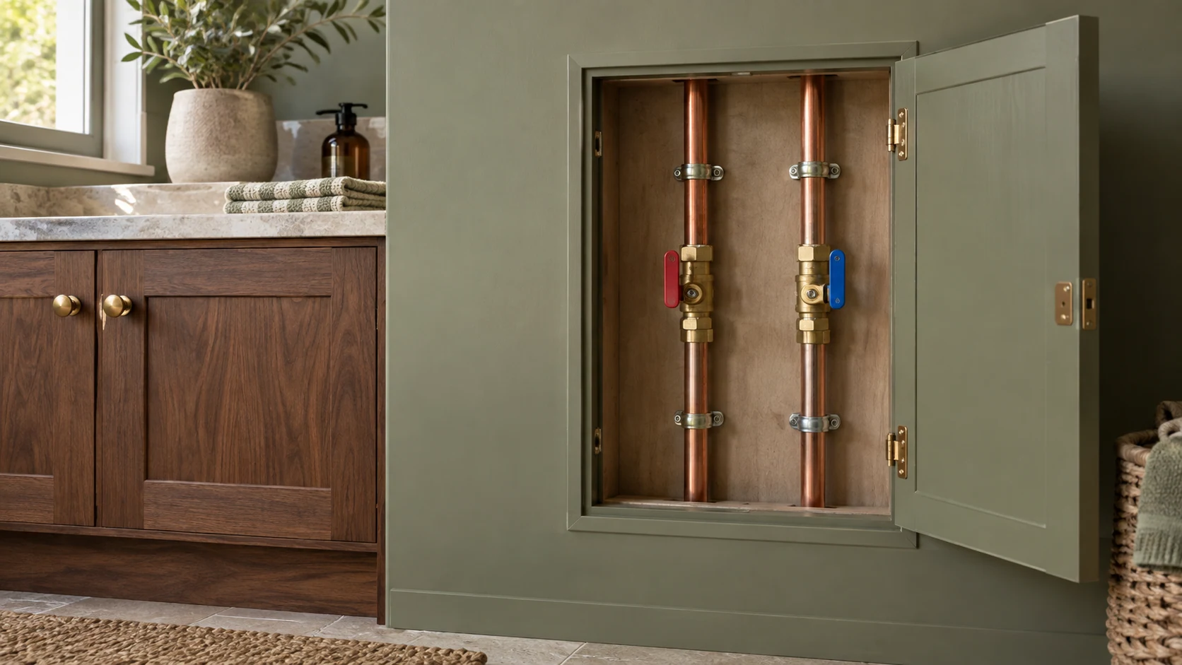 Accessible hot and cold water isolation valves behind an open utility-room service panel.
