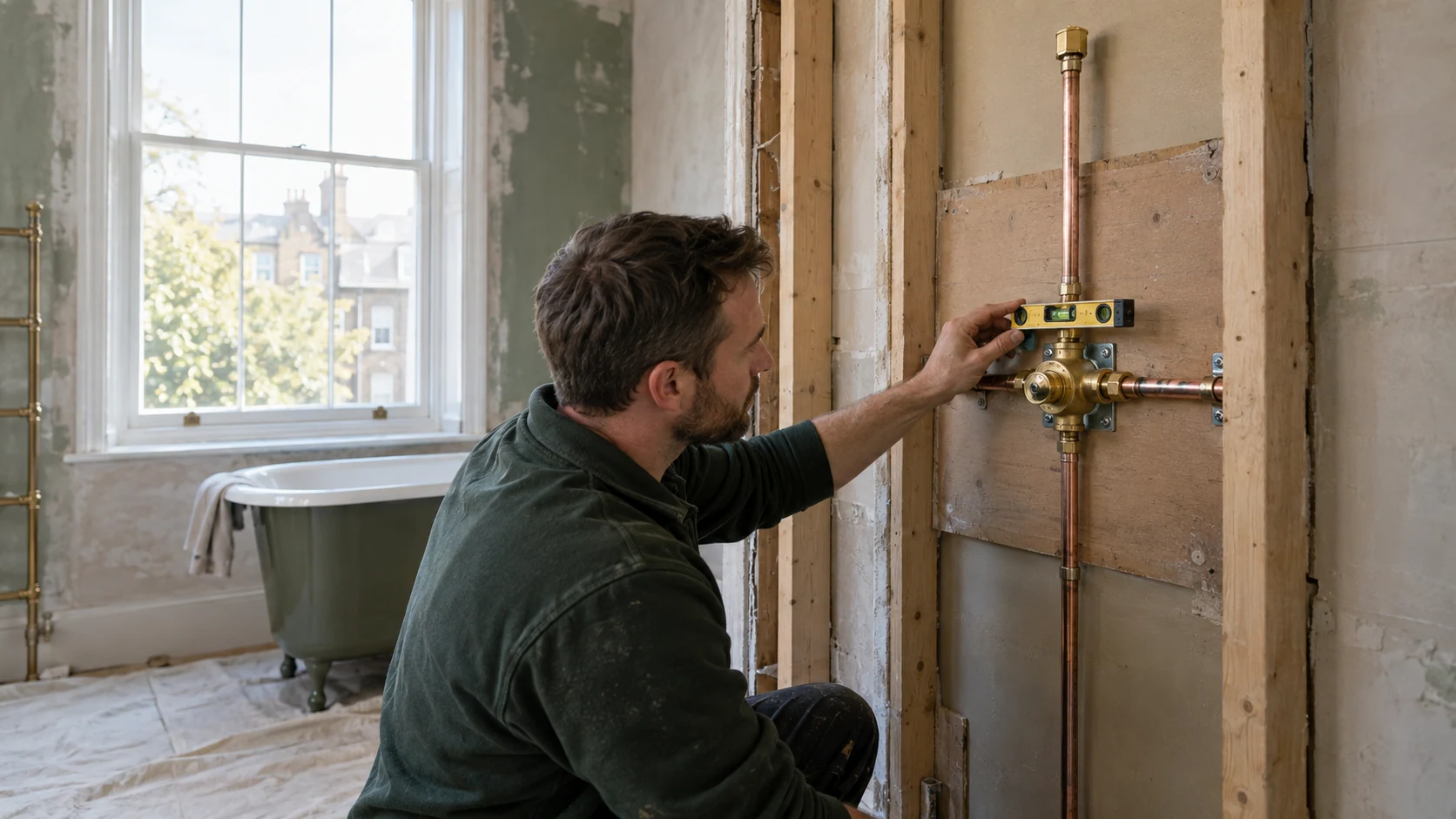 Plumber checking the position of concealed shower pipework before the wall is closed.
