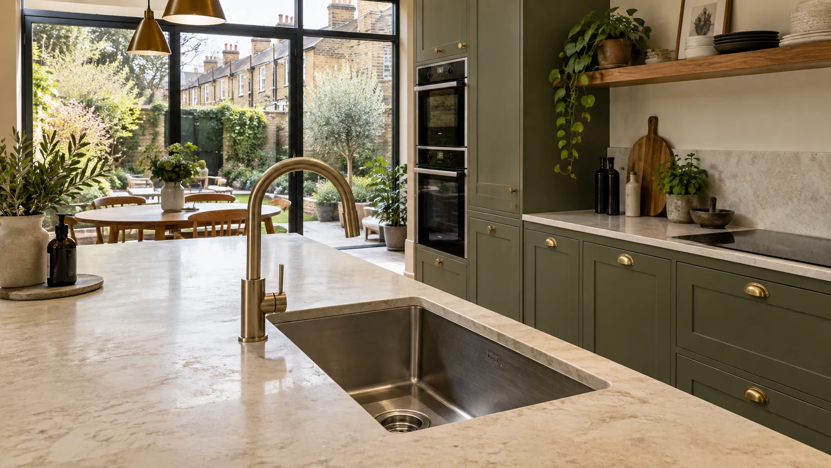Kitchen sink and brass tap in a rear extension opening onto a London garden.