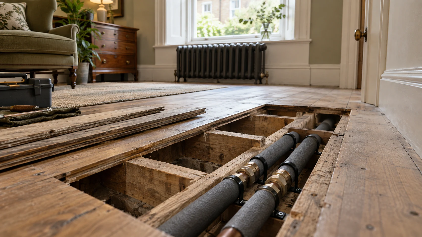 Supported hot and cold water pipes visible in an open floor service bay before floorboards are refitted.