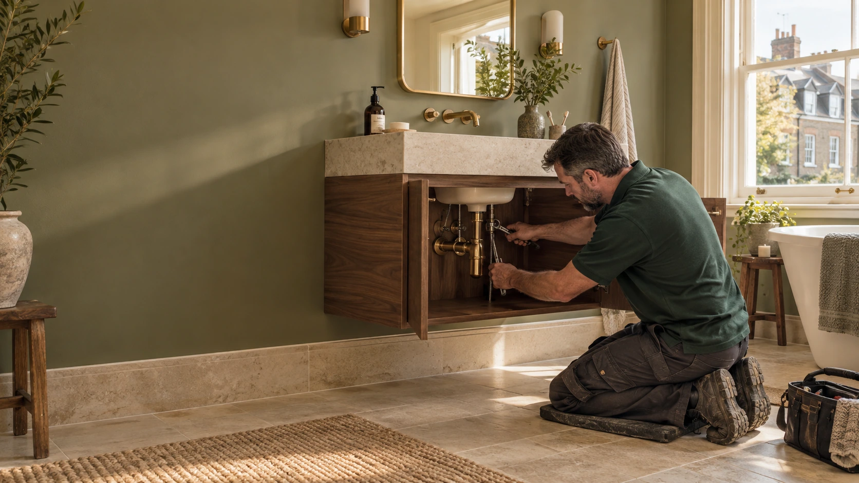 Plumber completing connections at a bathroom vanity in a soft-green London bathroom.