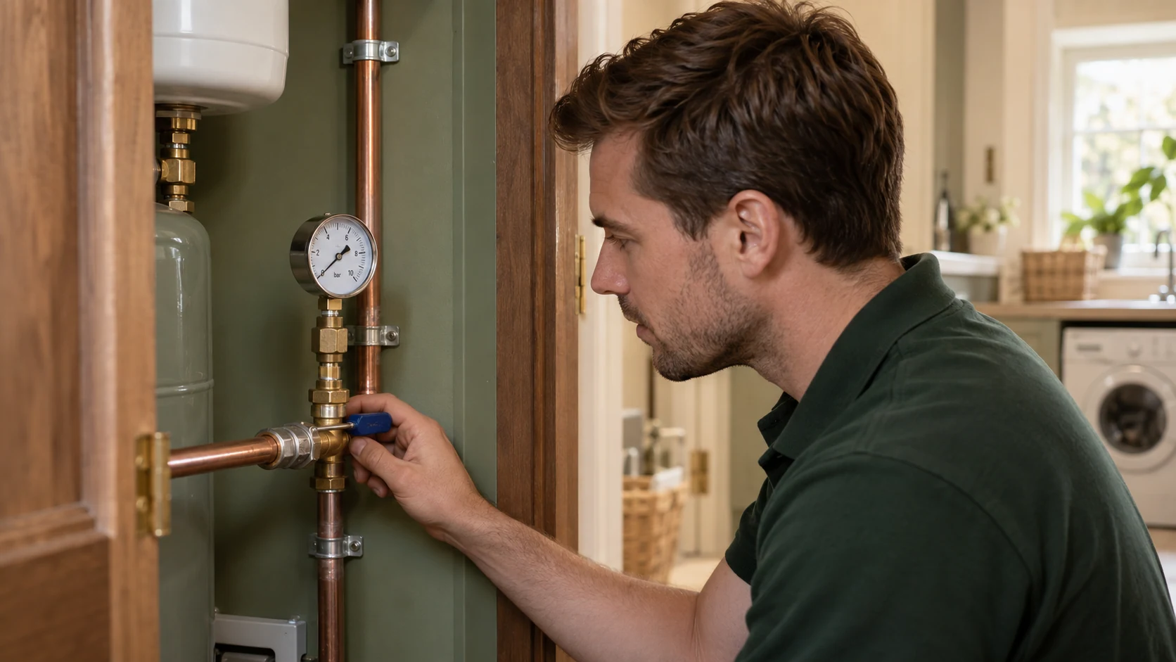 Plumber reading a pressure gauge connected to a cold-water test point.