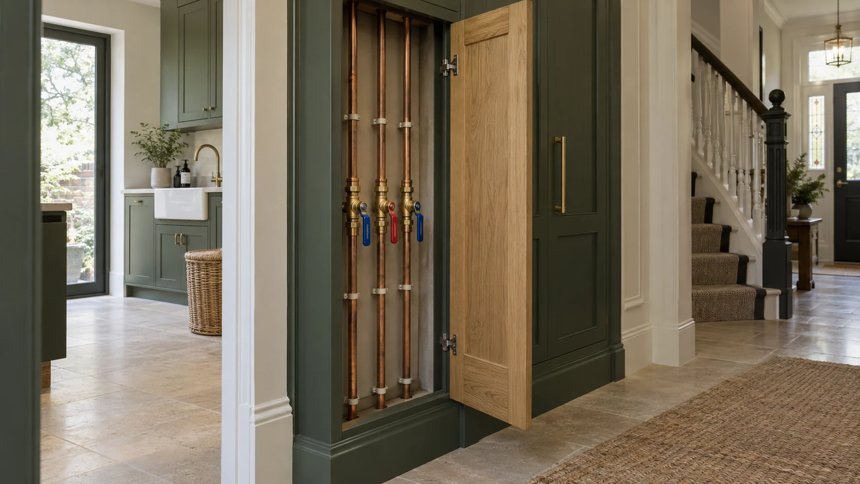 Open joinery access panel exposing neatly clipped plumbing pipes and accessible isolation valves.