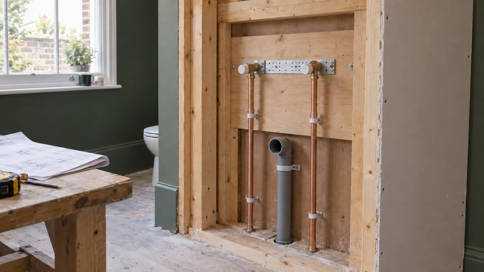 Clipped copper supply pipes and a waste outlet exposed before bathroom wall finishes are installed.