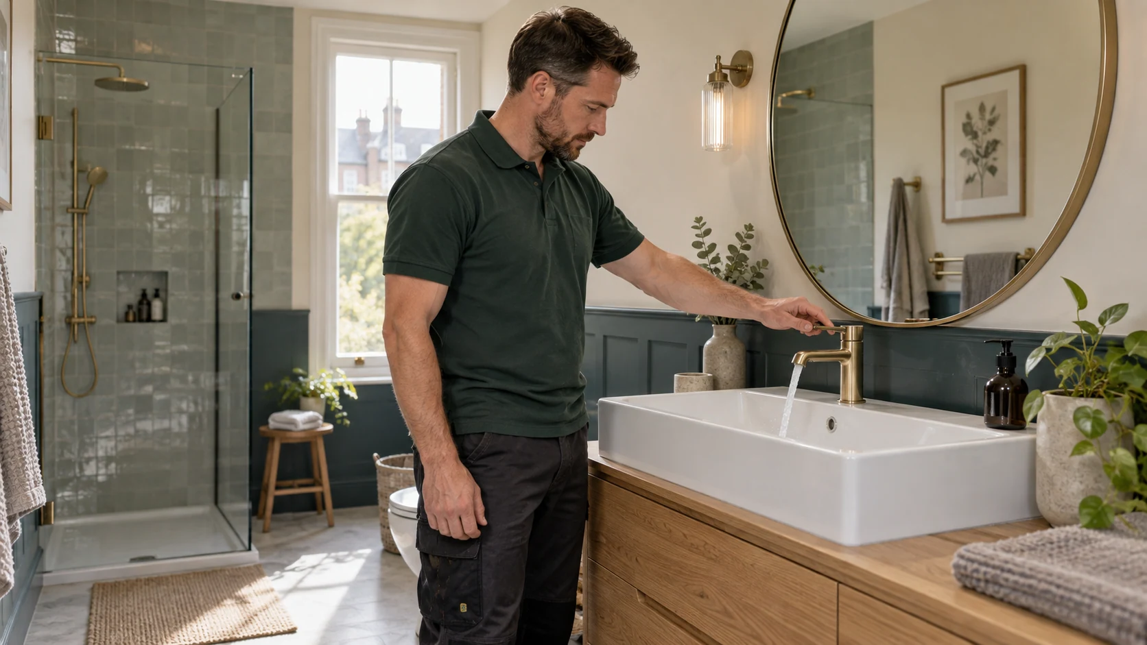 Plumber checking the running basin tap in a completed bathroom.