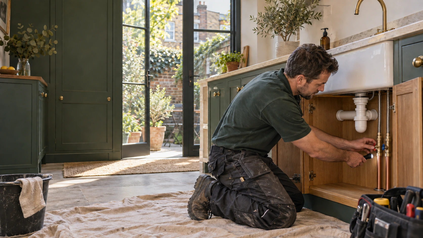 Plumber inspecting the connections beneath a kitchen sink in a green and oak kitchen.
