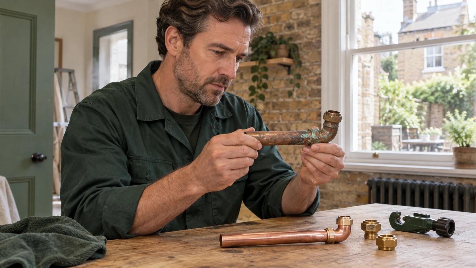 Plumber comparing a removed corroded copper fitting with a new replacement during a renovation.
