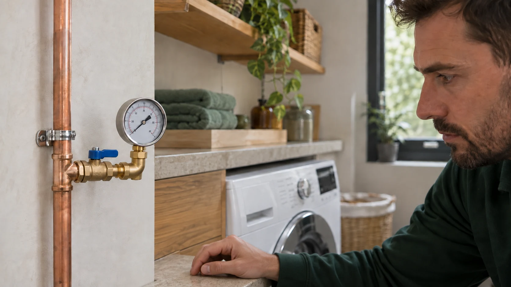 Water pressure gauge connected to a cold-water service valve during a plumbing assessment.