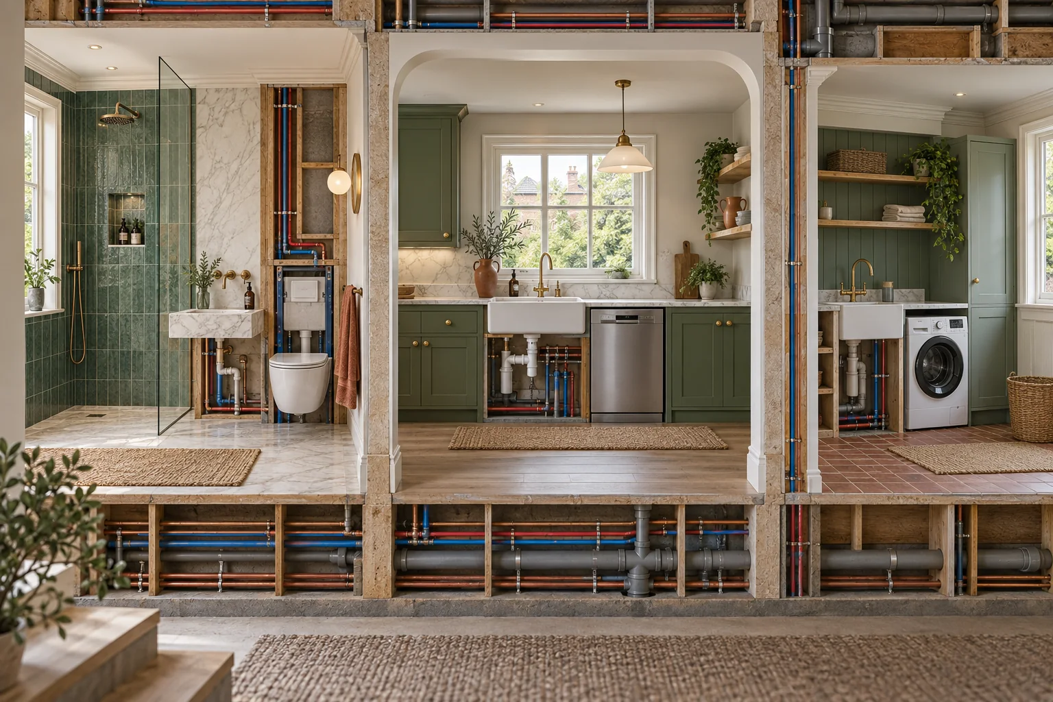 Illustration of coordinated bathroom, kitchen and utility-room plumbing in a Hampstead refurbishment.